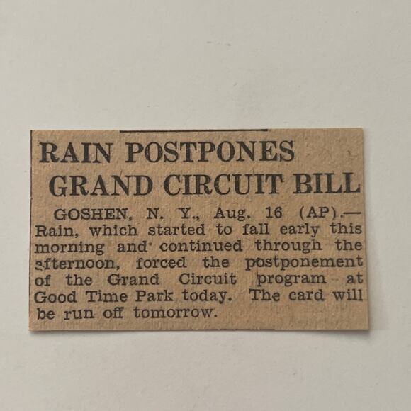 Rain Postpones Grand Circuit Bill Goshen NY 1934 Philadelphia Clipping SAI5-S11 - Picture 2 of 2